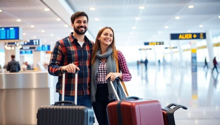 Couple with luggage at airport check-in.