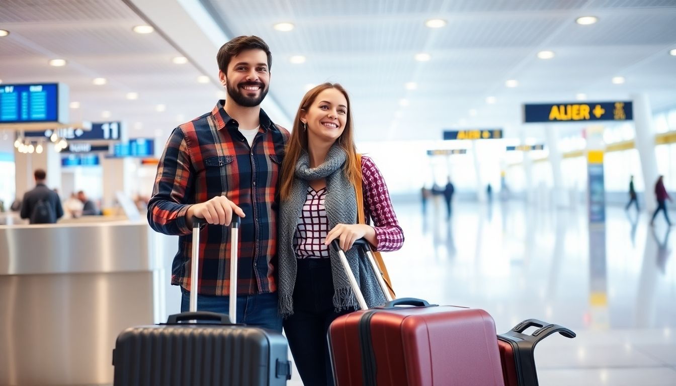 Couple with luggage at airport check-in.