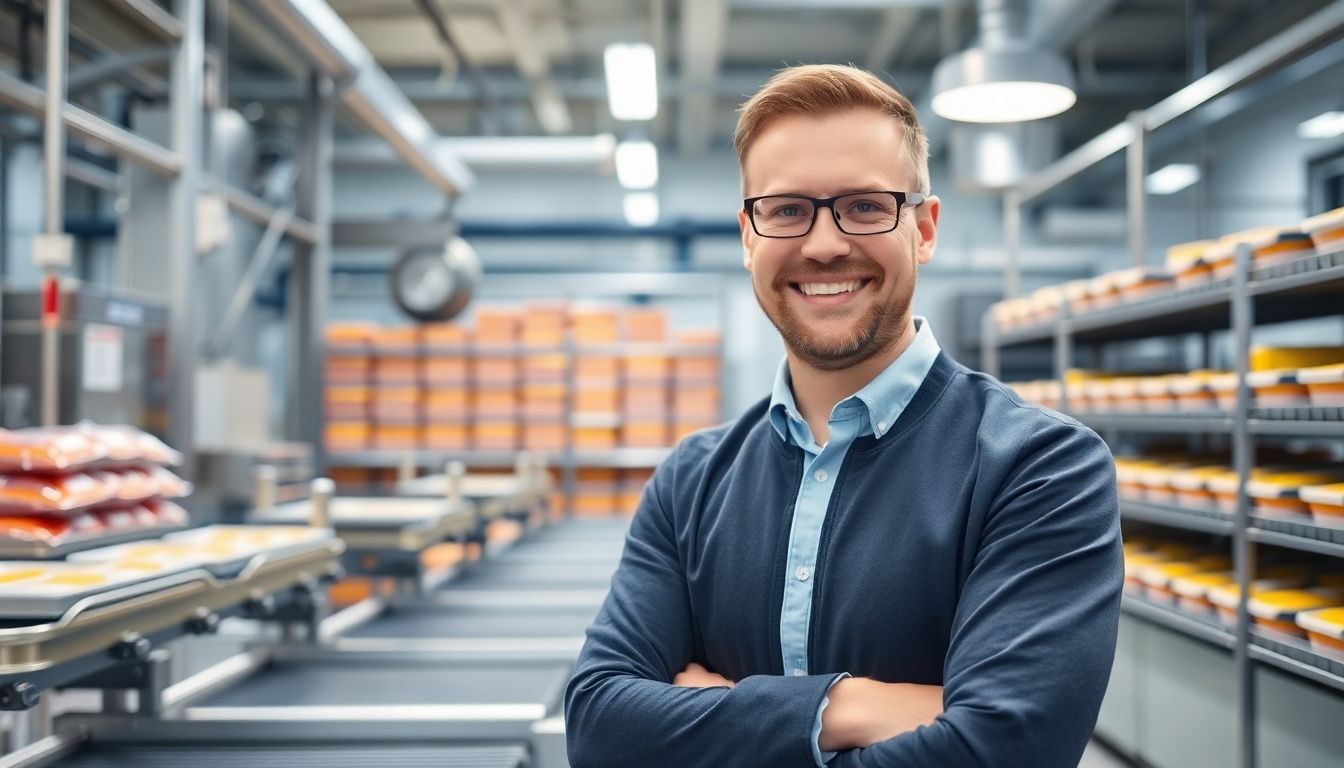 Smiling food production manager in a modern factory.
