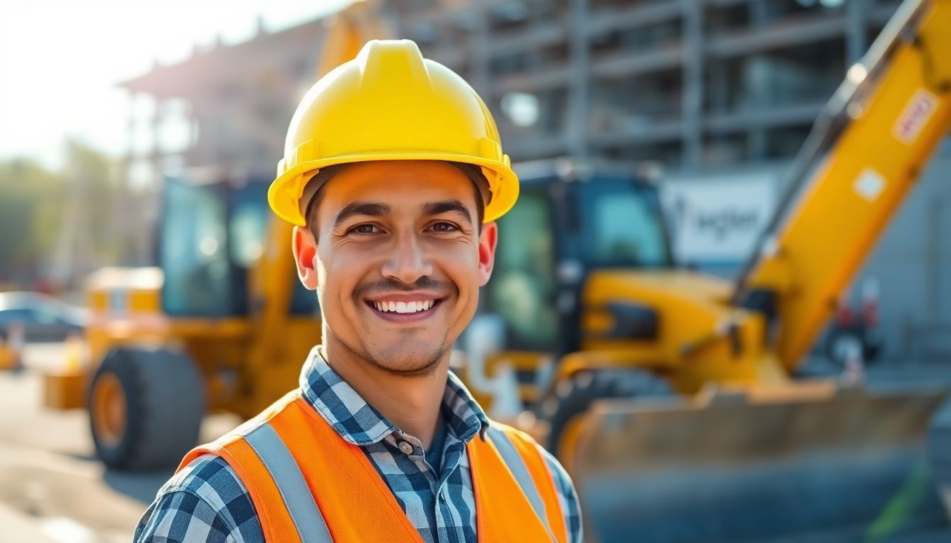 Smiling construction worker in a bright outdoor setting.
