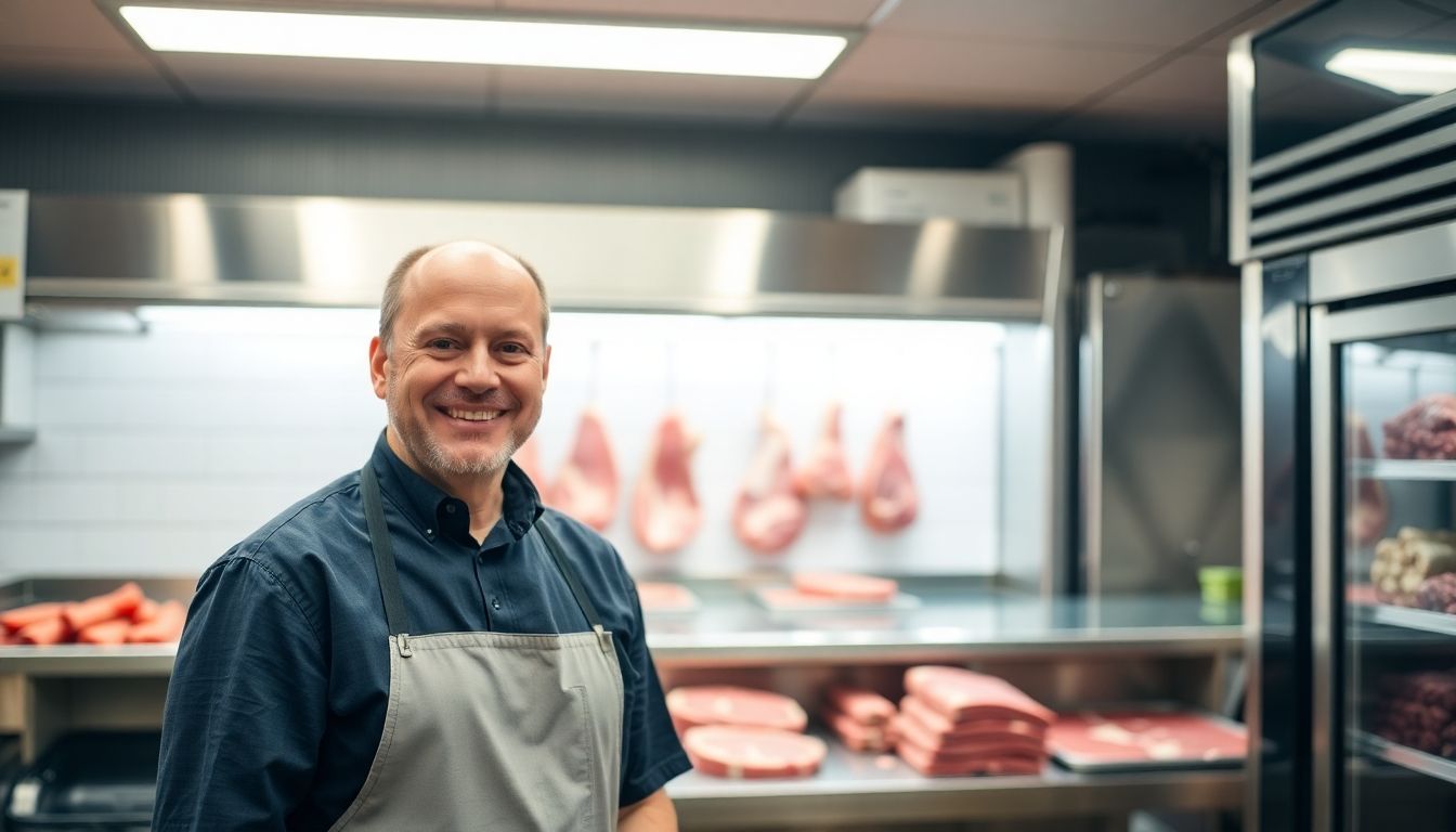 Smiling butcher in a modern, well-lit meat shop.