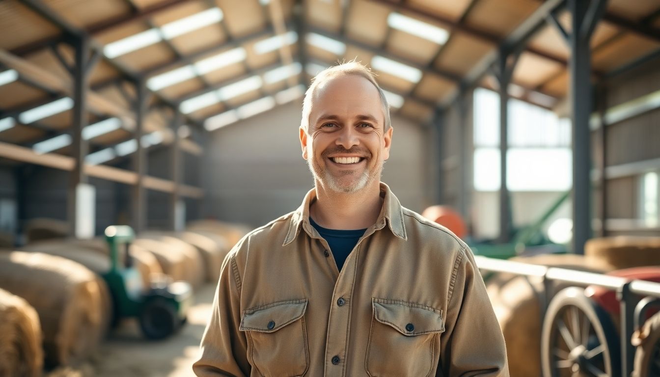 Smiling farm owner in a bright, secure barn.