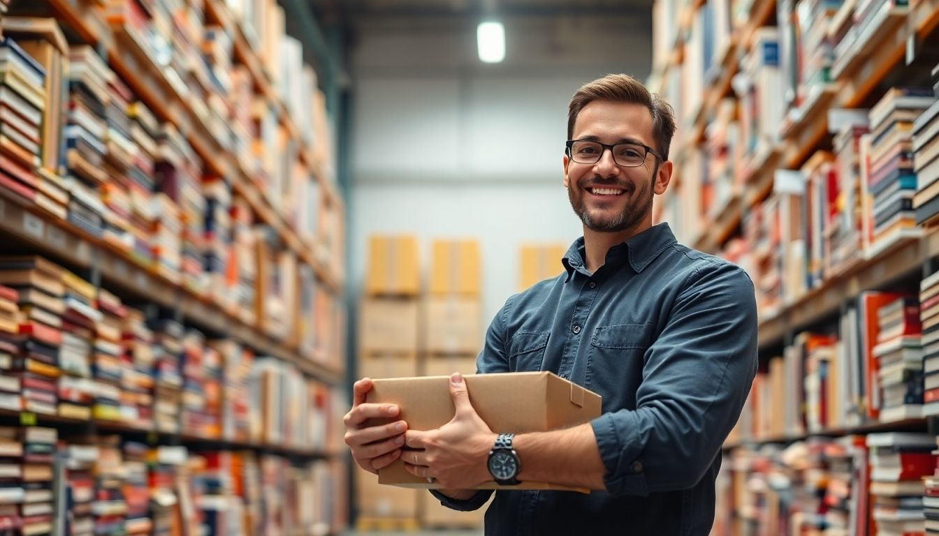 Online bookseller in a bright warehouse with books and shipping supplies.