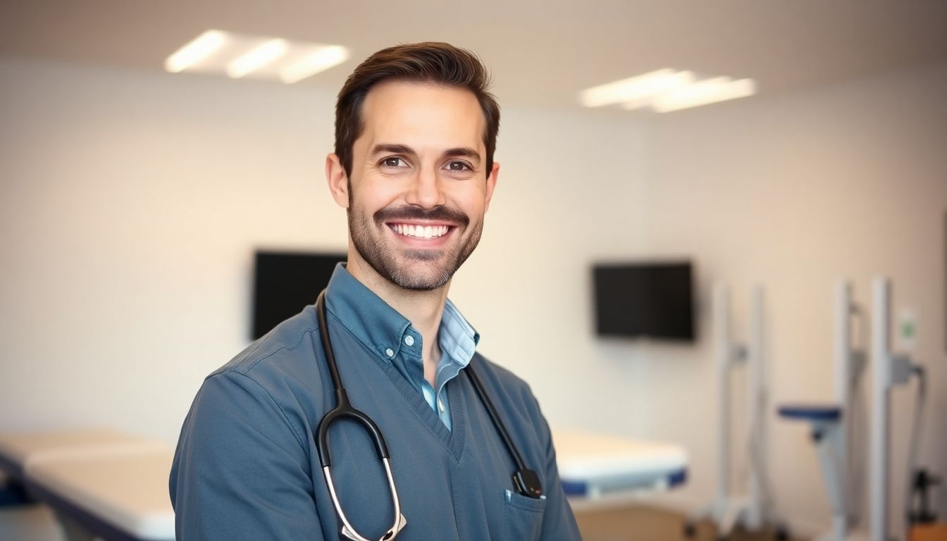 Smiling male physiotherapist in a bright, modern practice.