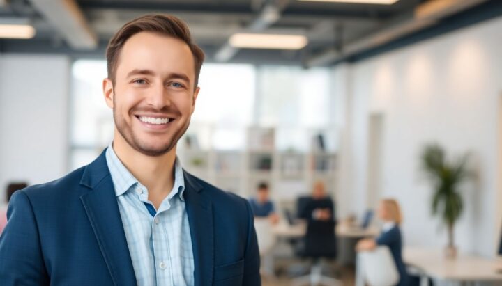 Smiling business owner in a bright, modern office.