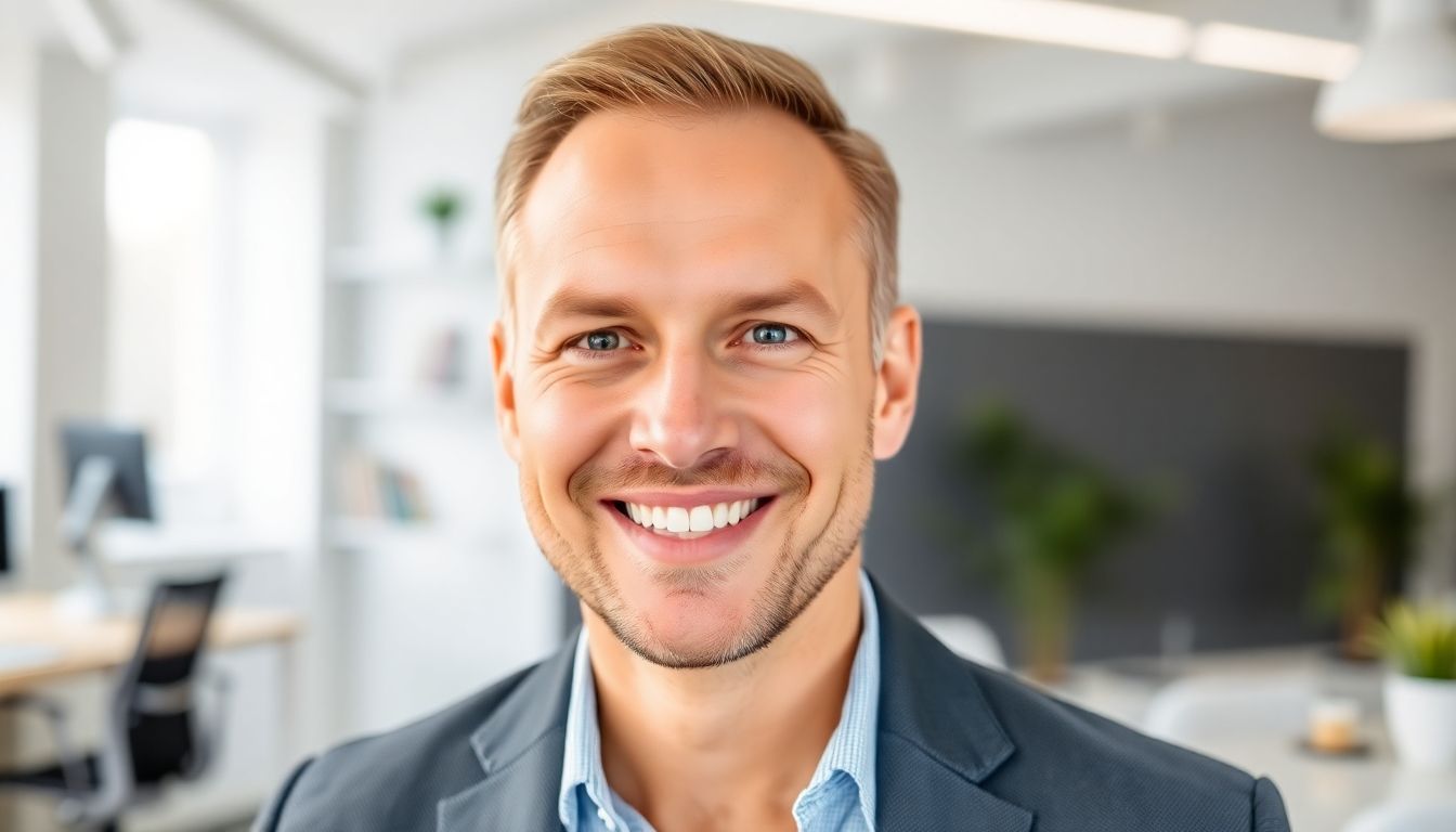 Smiling Geschäftsführer in a bright, modern office.
