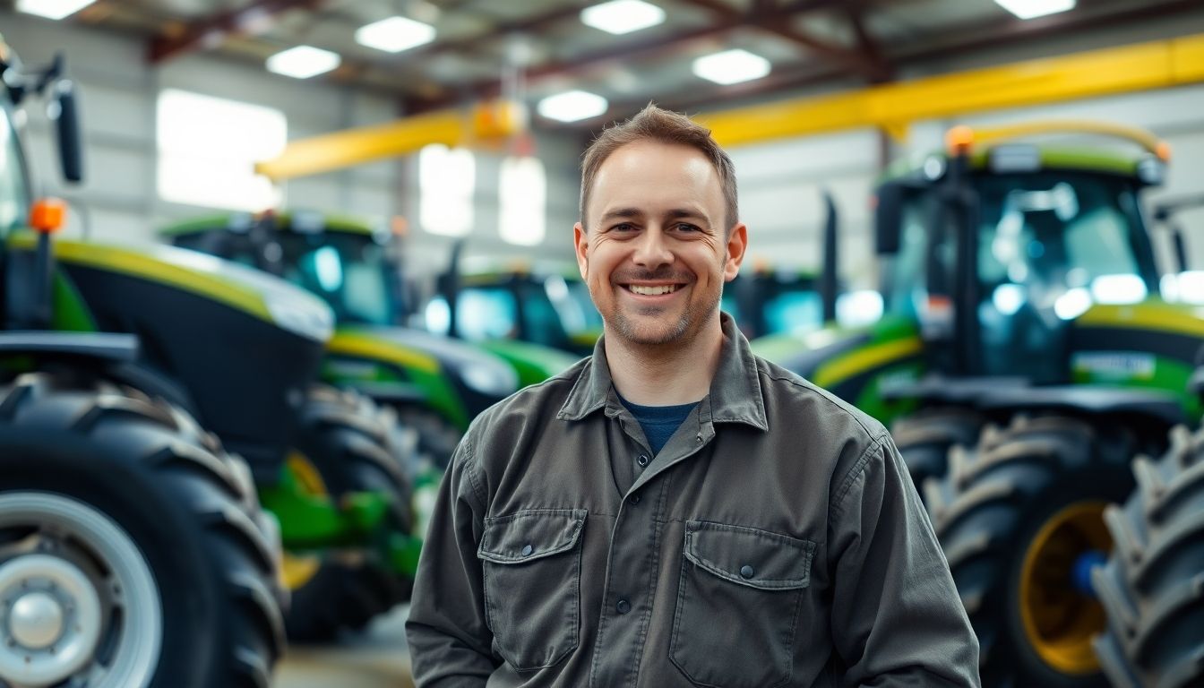 Smiling mechanic working on agricultural machinery in a bright workshop.