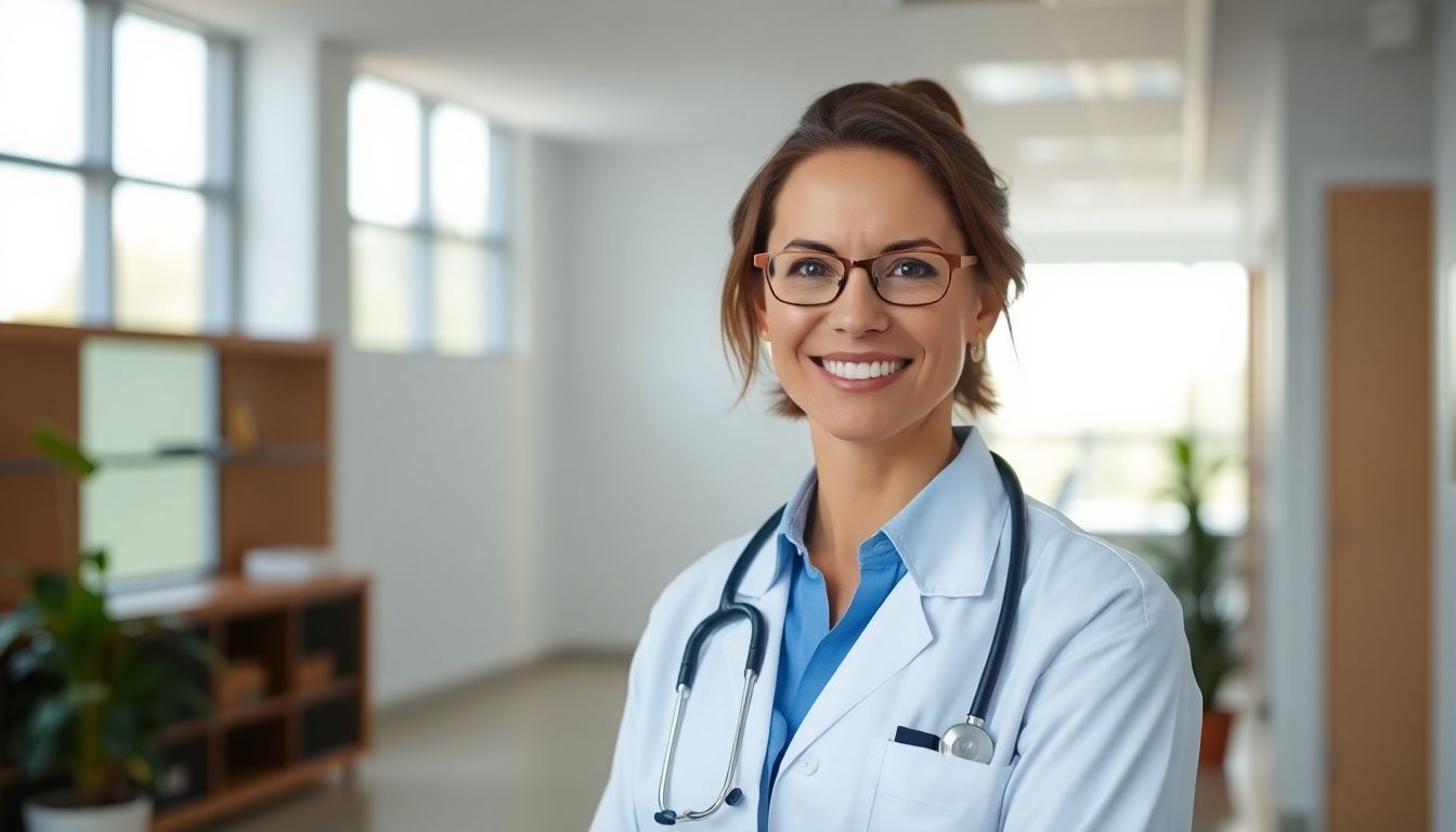Smiling hospital administrator in a bright, modern office.