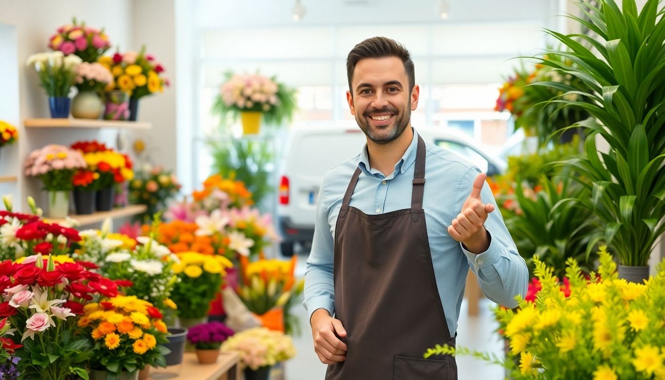 Smiling florist in a bright flower shop with plants and delivery van.