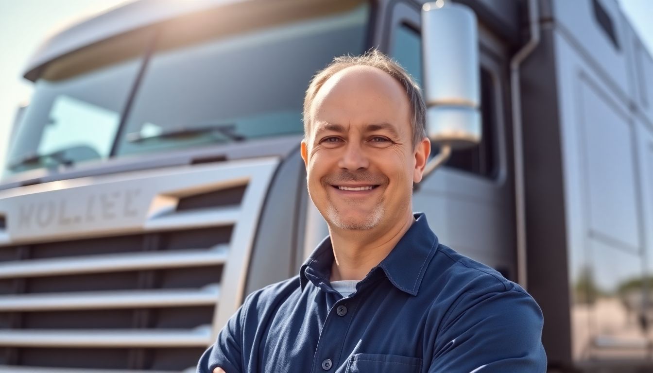 Smiling truck driver in front of his semi-truck.
