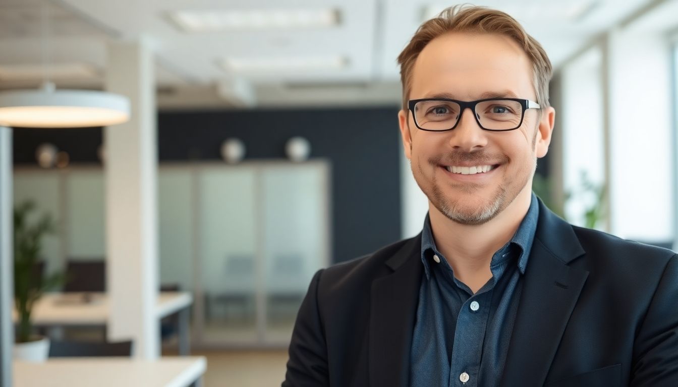 Smiling business owner in a bright office.