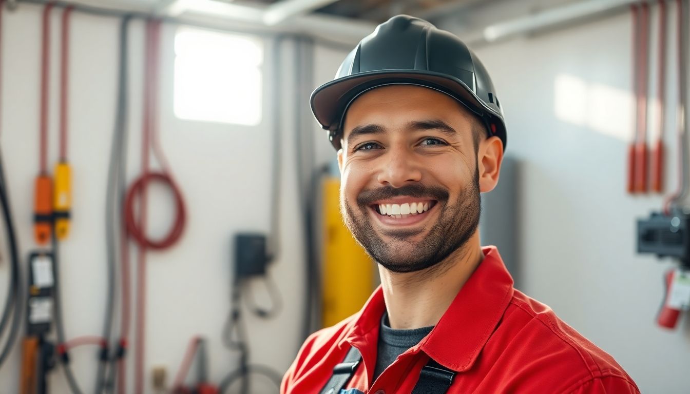 Smiling electrician in a bright, modern workshop.