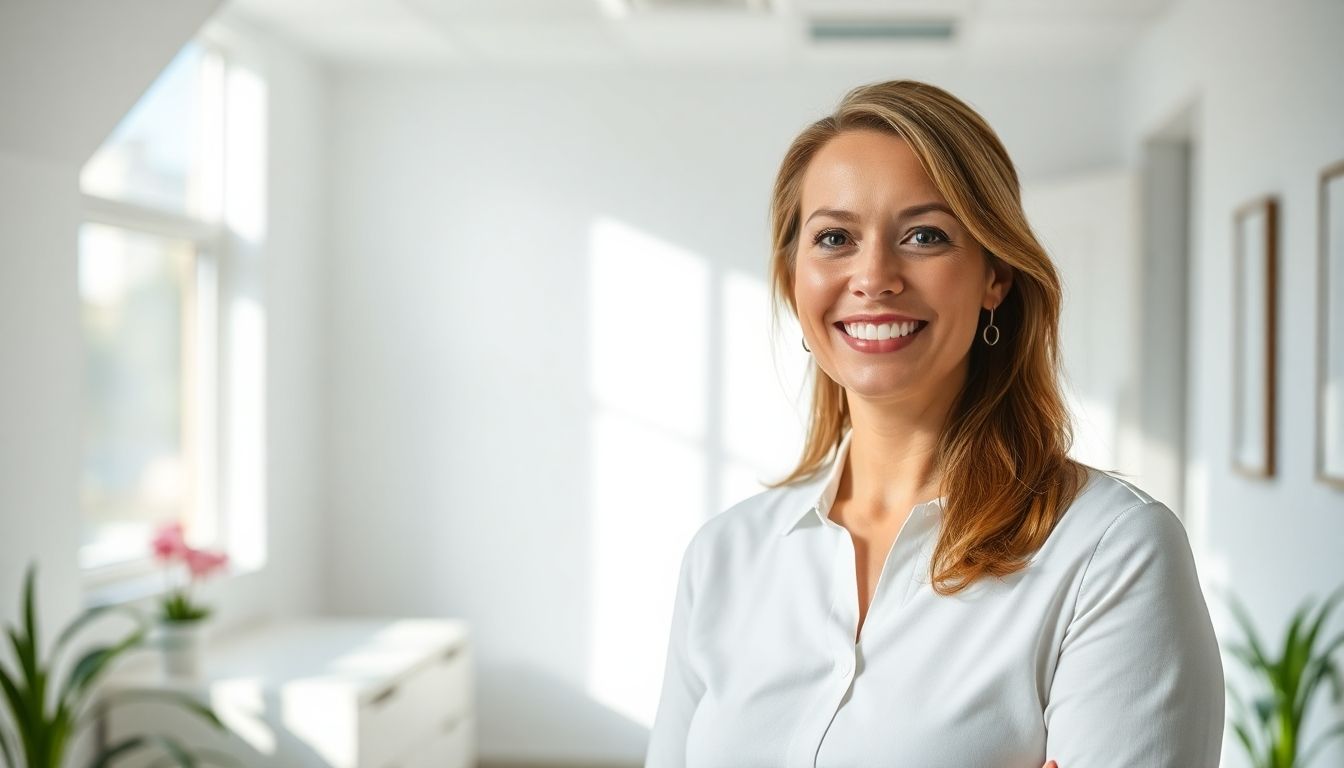 Smiling clinic director in a bright, modern office.