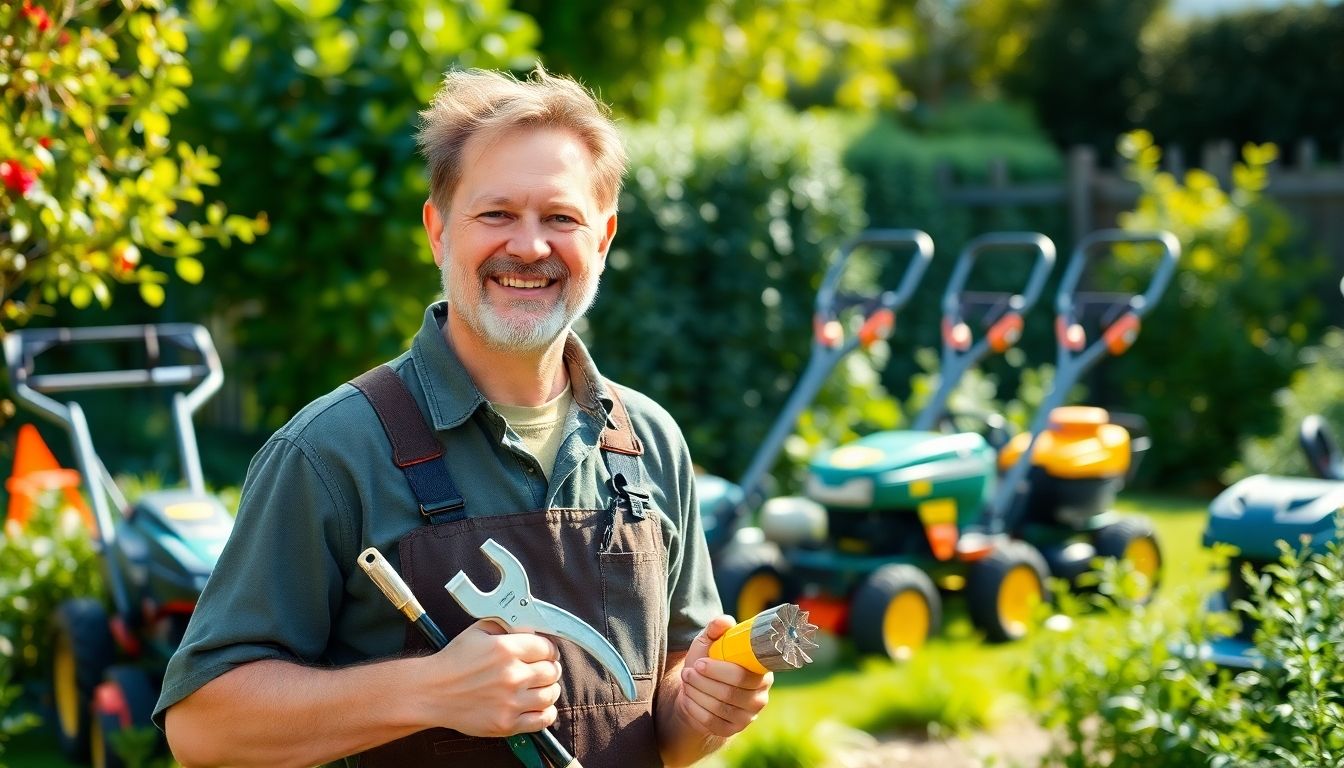 Gardener smiling with professional machinery in a garden.