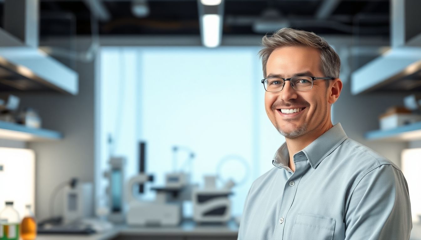 Smiling CEO in a modern biotechnology laboratory.