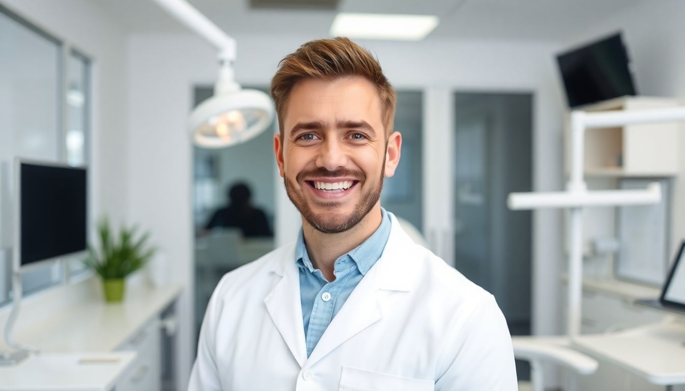 Smiling dentist in a bright, modern dental practice.