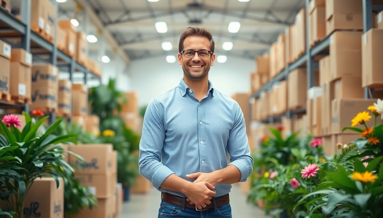 Smiling business owner in a bright flower wholesale warehouse.