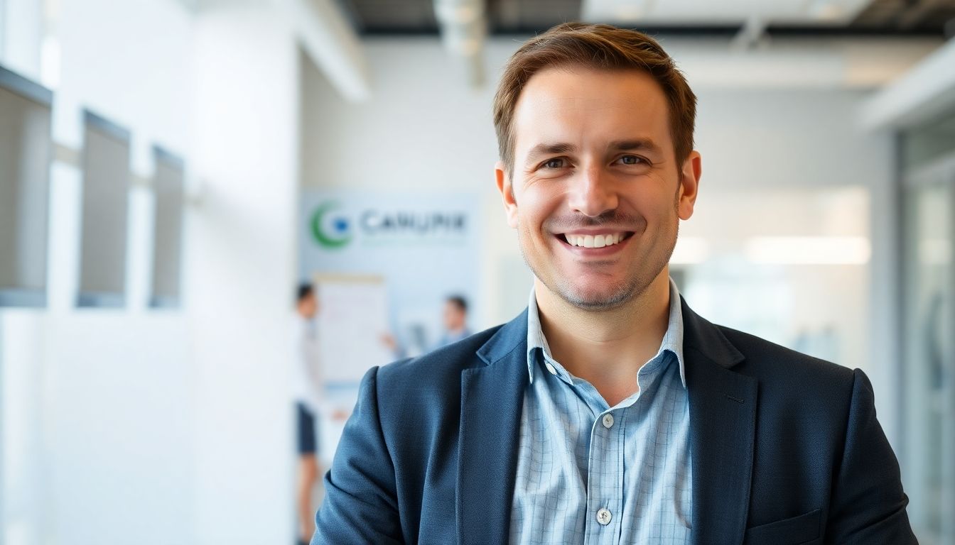 Smiling business owner in a bright, modern office.