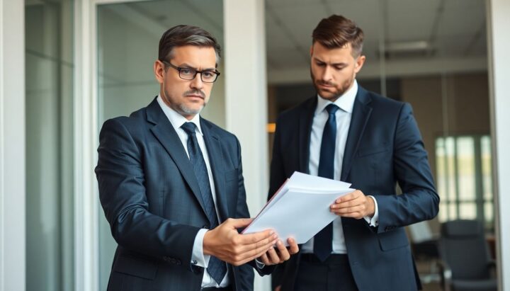 Insurance employee gives documents to a businessman.