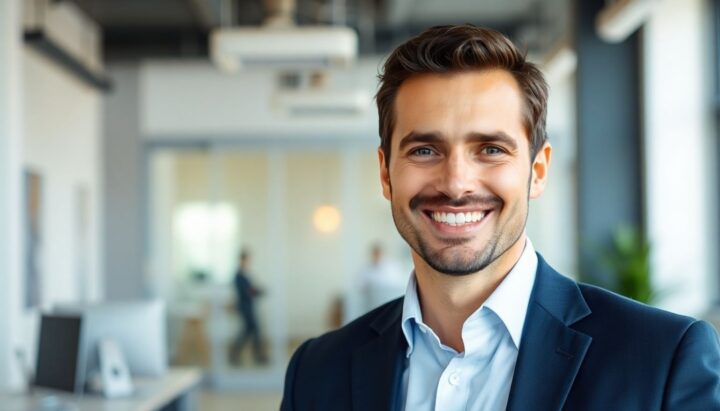 Smiling executive in a bright, modern office.