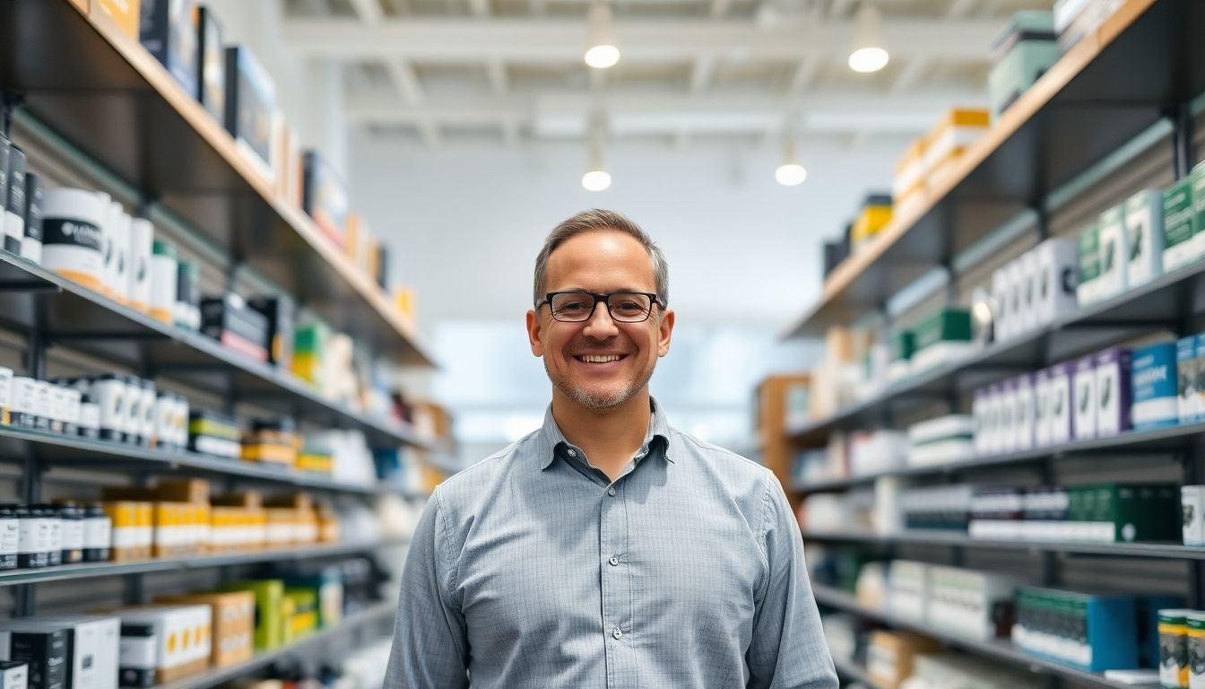 Smiling business owner in a well-stocked, bright specialty store.