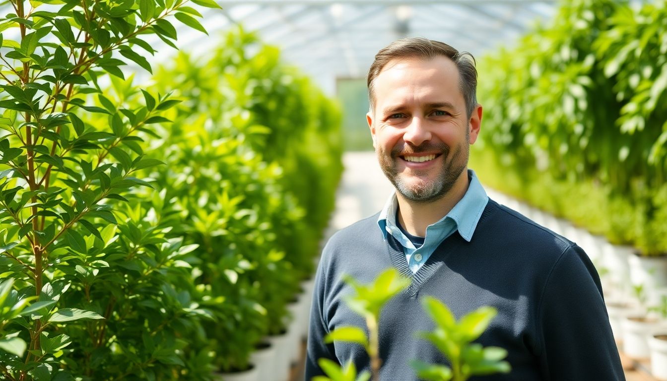 Smiling business owner in a bright greenhouse with plants.