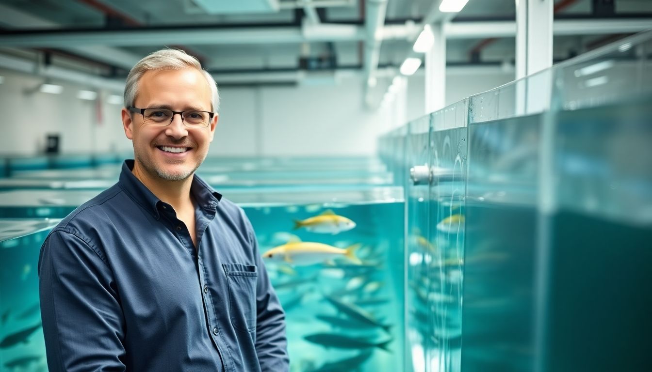 Smiling aquaculture manager in a bright, modern facility.