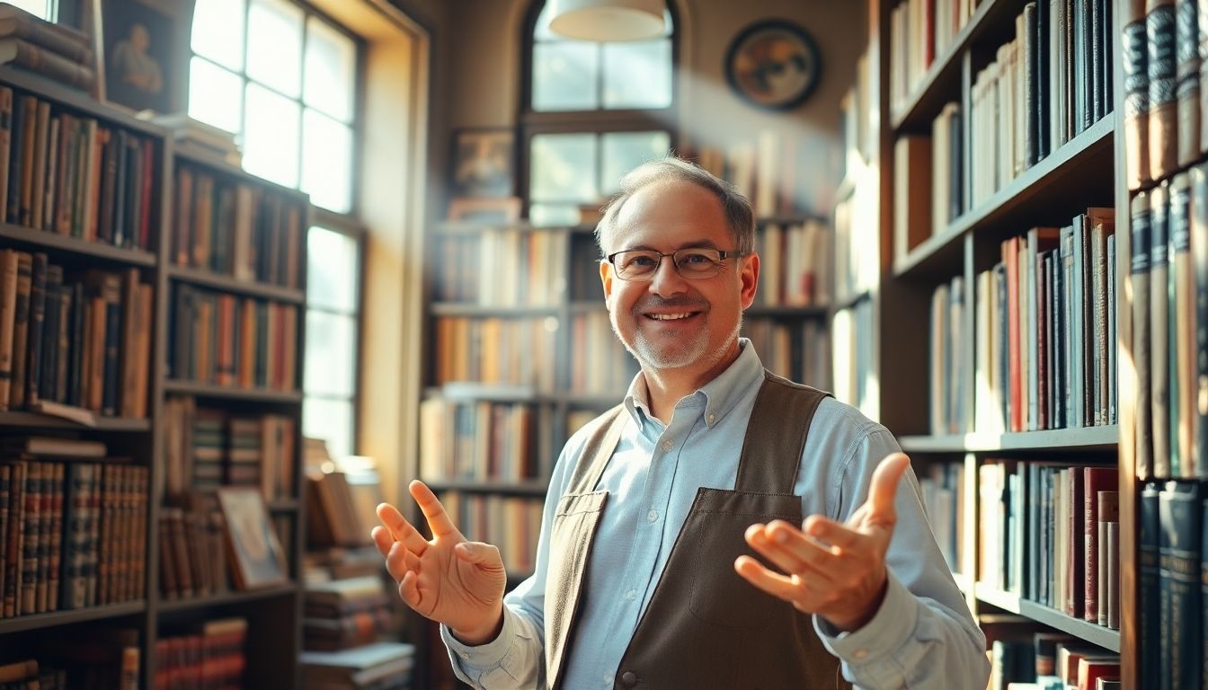 Smiling antiquarian bookseller in a bright shop full of books.