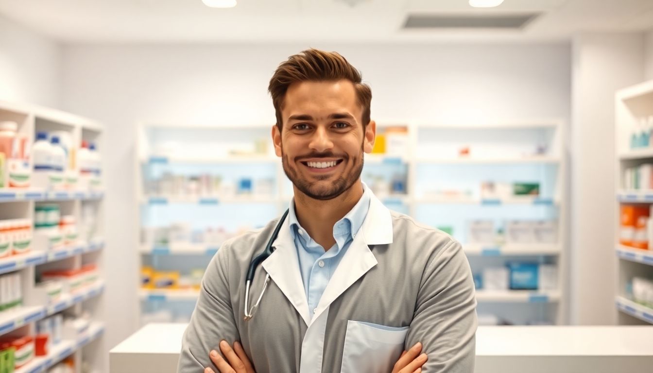 Smiling pharmacist in a modern, well-lit pharmacy.