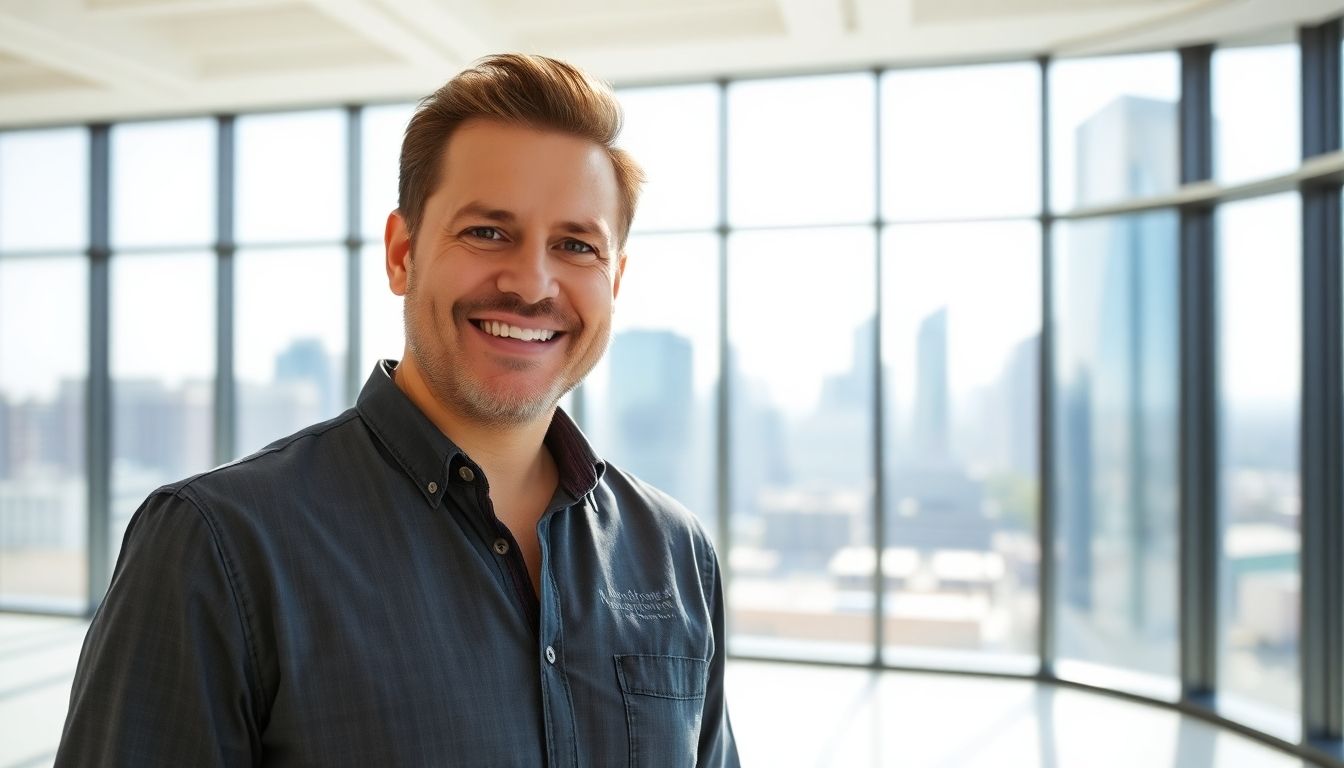 Smiling business owner in a modern office with city view.