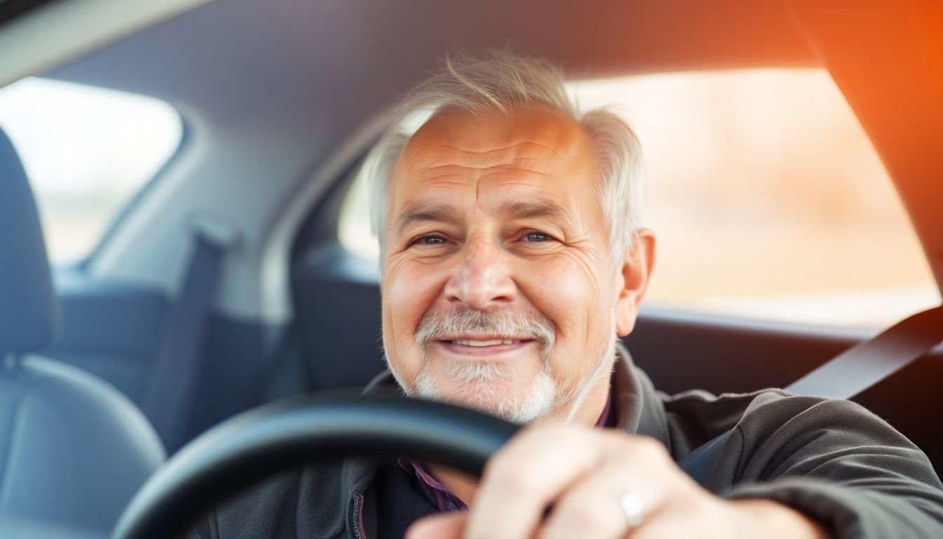 Elderly man driving a car with a calm expression.