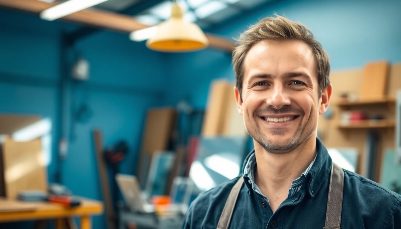 Smiling business owner in a bright glass workshop.