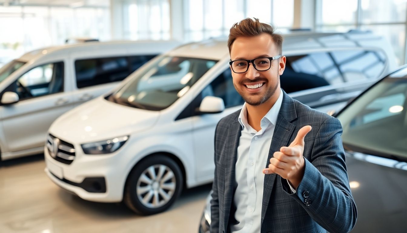 Businessman smiling with fleet of cars and vans.