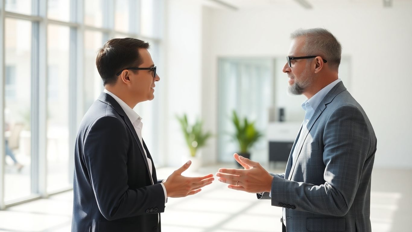 Urheberrechtsschutzversicherung: Berater und Klient im Gespräch in einem Büro.