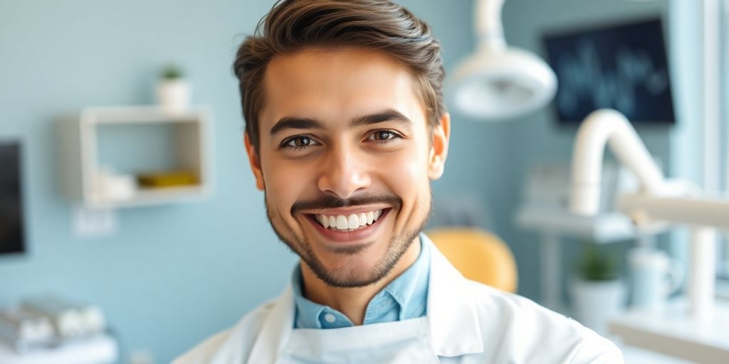 Zahnarzt lächelt in heller Praxis