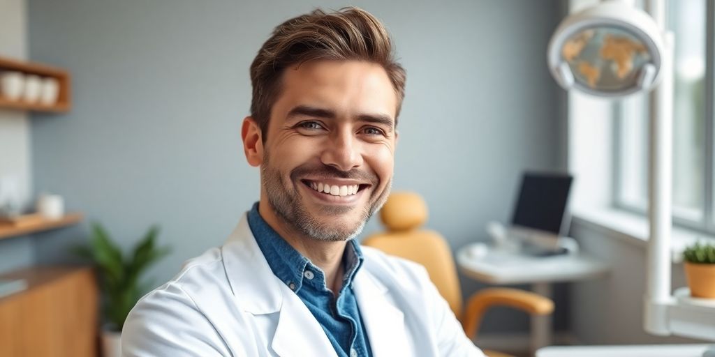 Zahnarzt lächelt in heller moderner Praxis