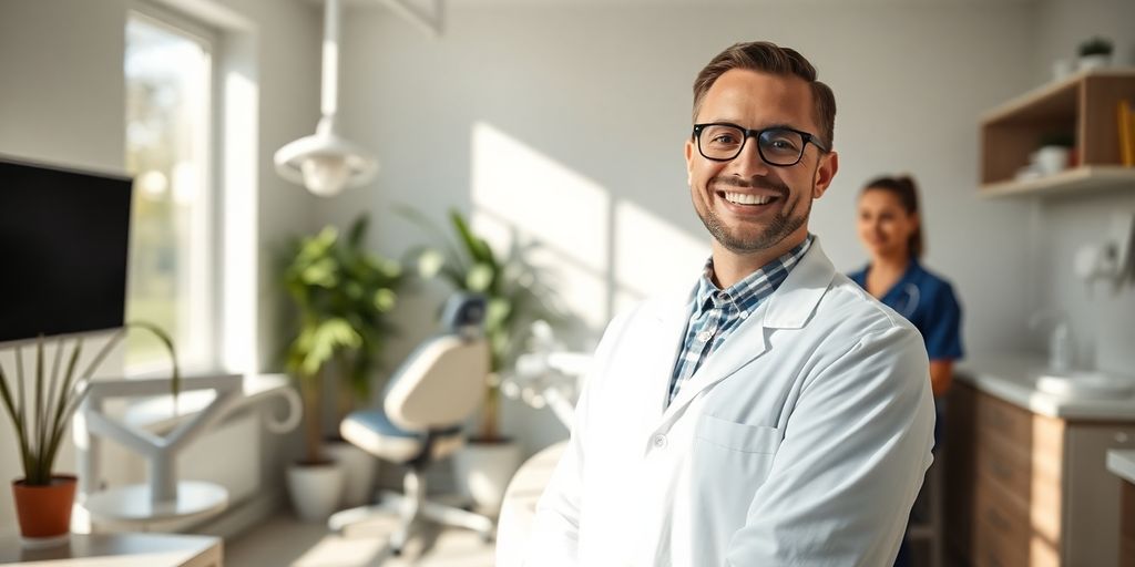 Zahnarzt lächelt in heller Praxis