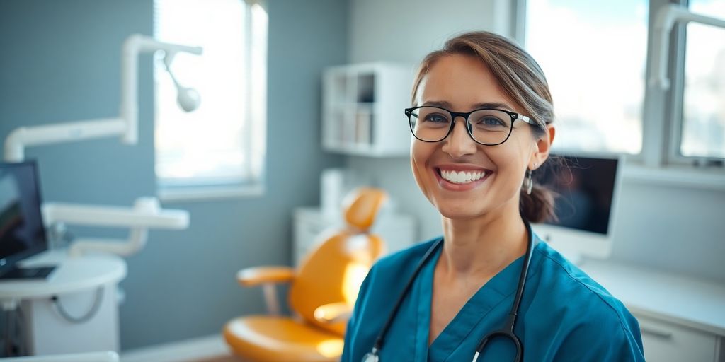 Lächelnder Zahnarzt in heller Praxis.