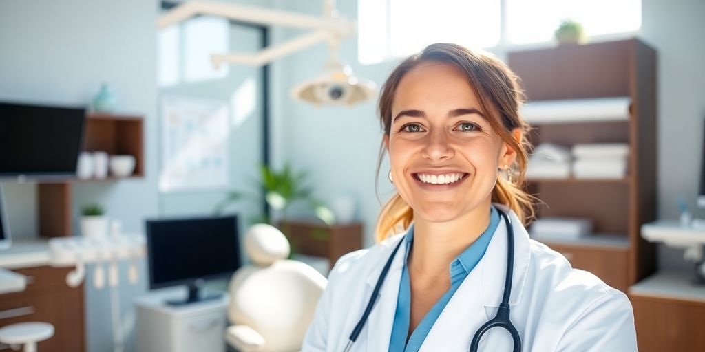 Zahnarzt lächelt in heller Praxis.