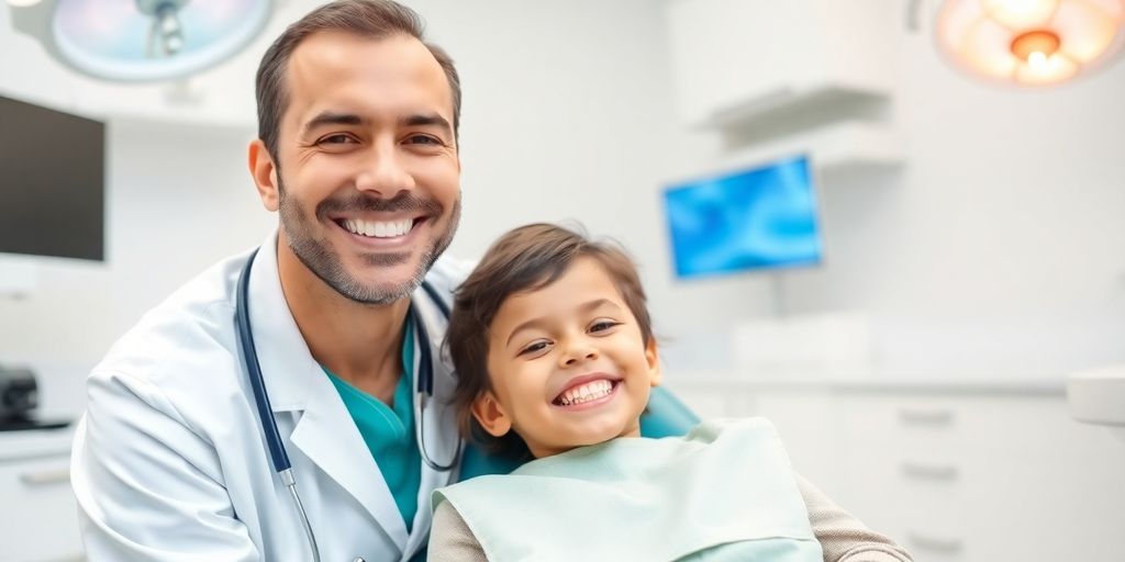 Zahnarzt lächelt mit Kind in heller Praxis