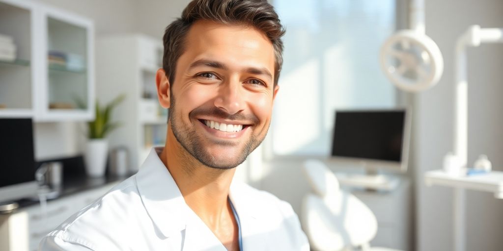 Zahnarzt lächelt in heller Praxis