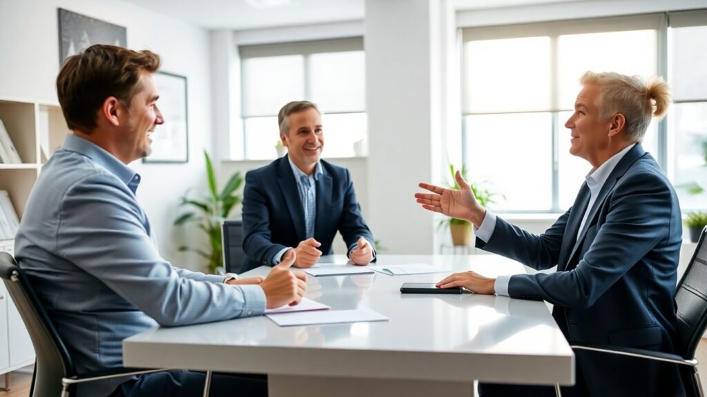 Versicherungsberater und Kunde im Gespräch im Büro.