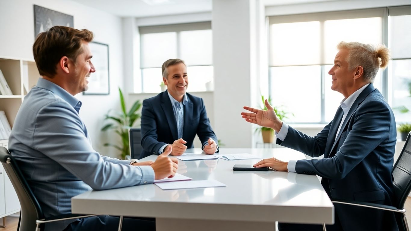 Versicherungsberater und Kunde im Gespräch im Büro.