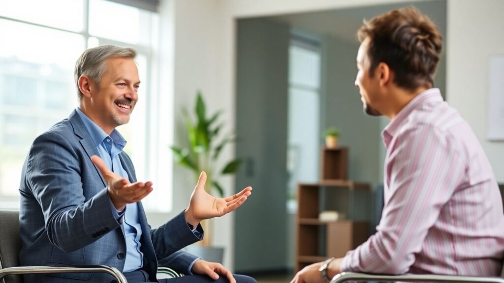 Versicherungsberater und Kunde im Gespräch im Büro.