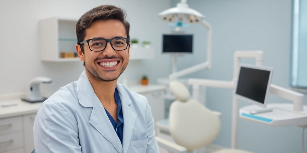 Lächelnder Zahnarzt in heller Zahnarztpraxis