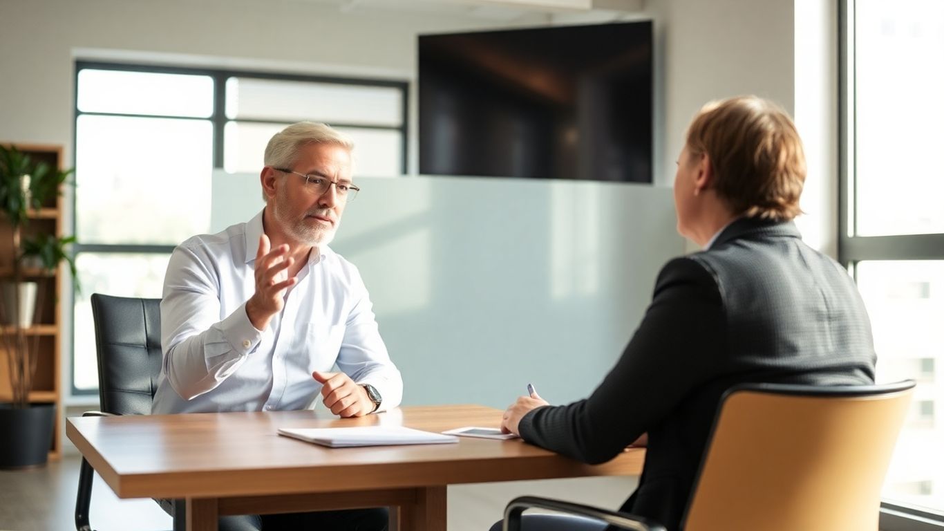 Versicherungsberater und Kunde im Gespräch im Büro.