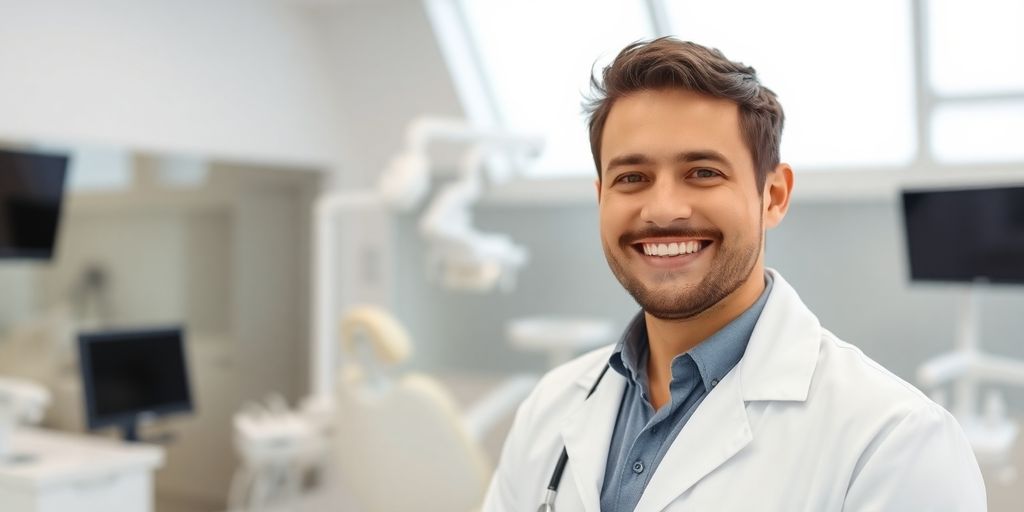 Zahnarzt lächelt in heller Praxis