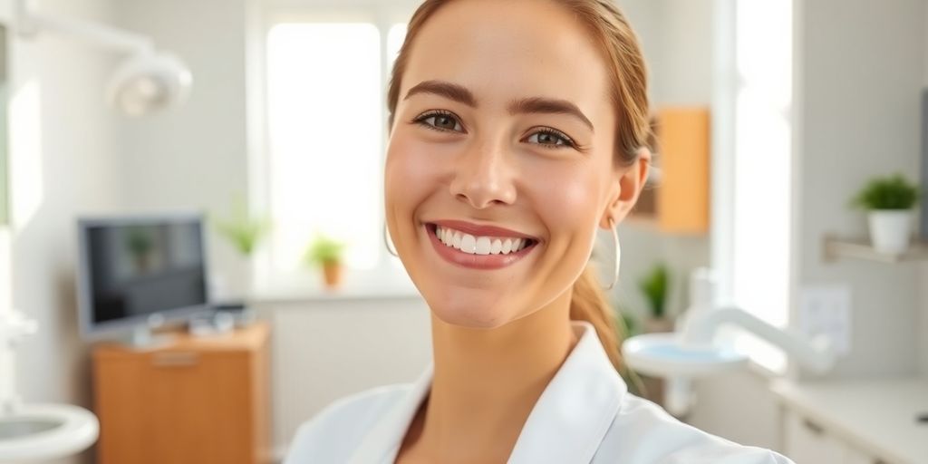 Zahnarzt lächelt in heller Praxis