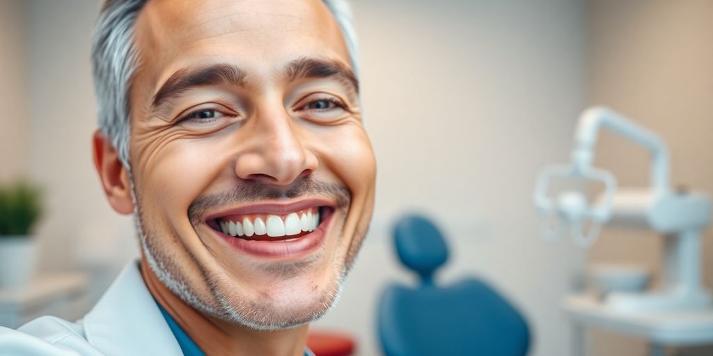 Zahnarzt lächelt in heller moderner Praxis
