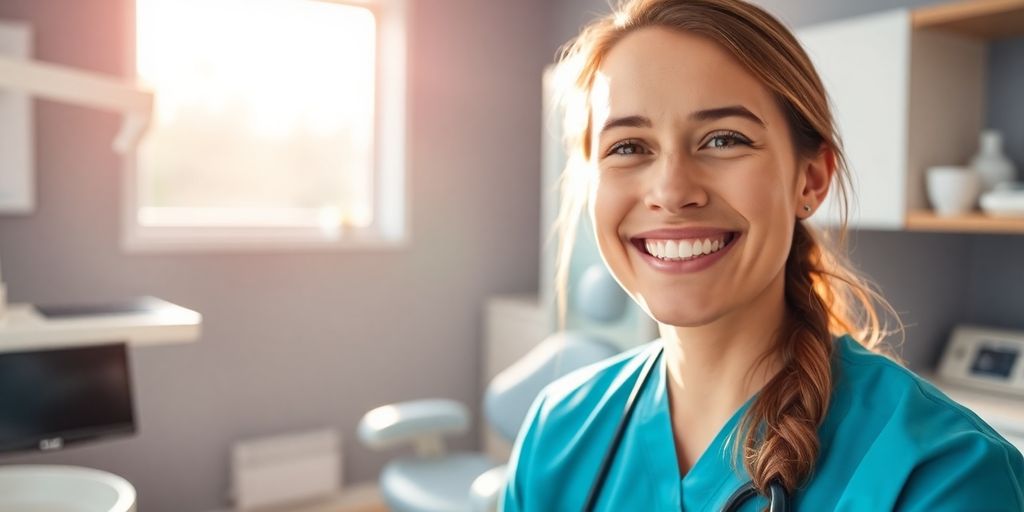 Zahnarzt lächelt in moderner Praxis.